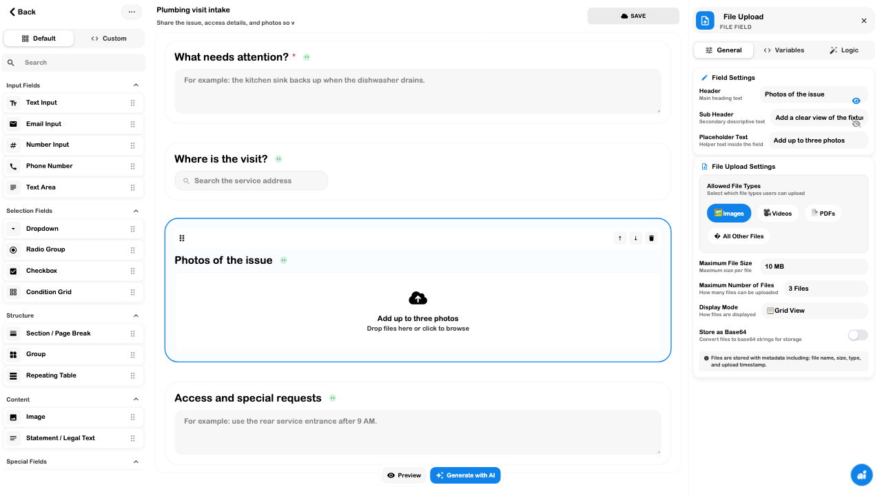 Image-only intake upload settings with size, count, and preview controls