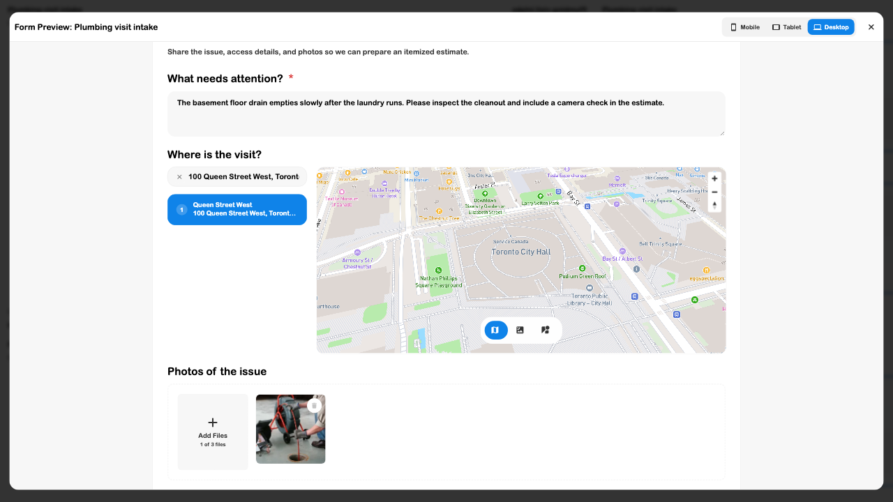 Intake preview with a filled issue description, selected public demonstration address, map, and sample photo