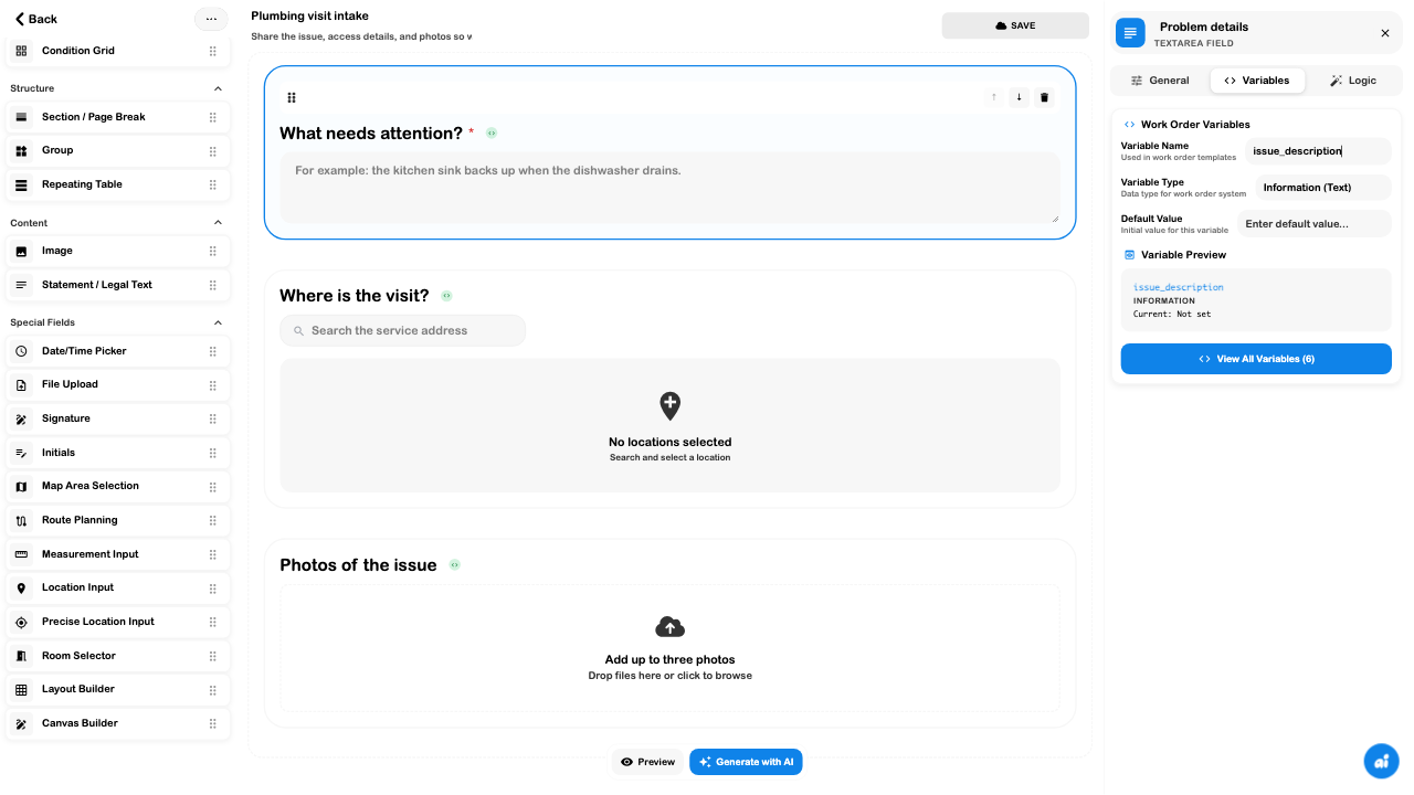 Issue-description field with a meaningful issue_description work-order variable