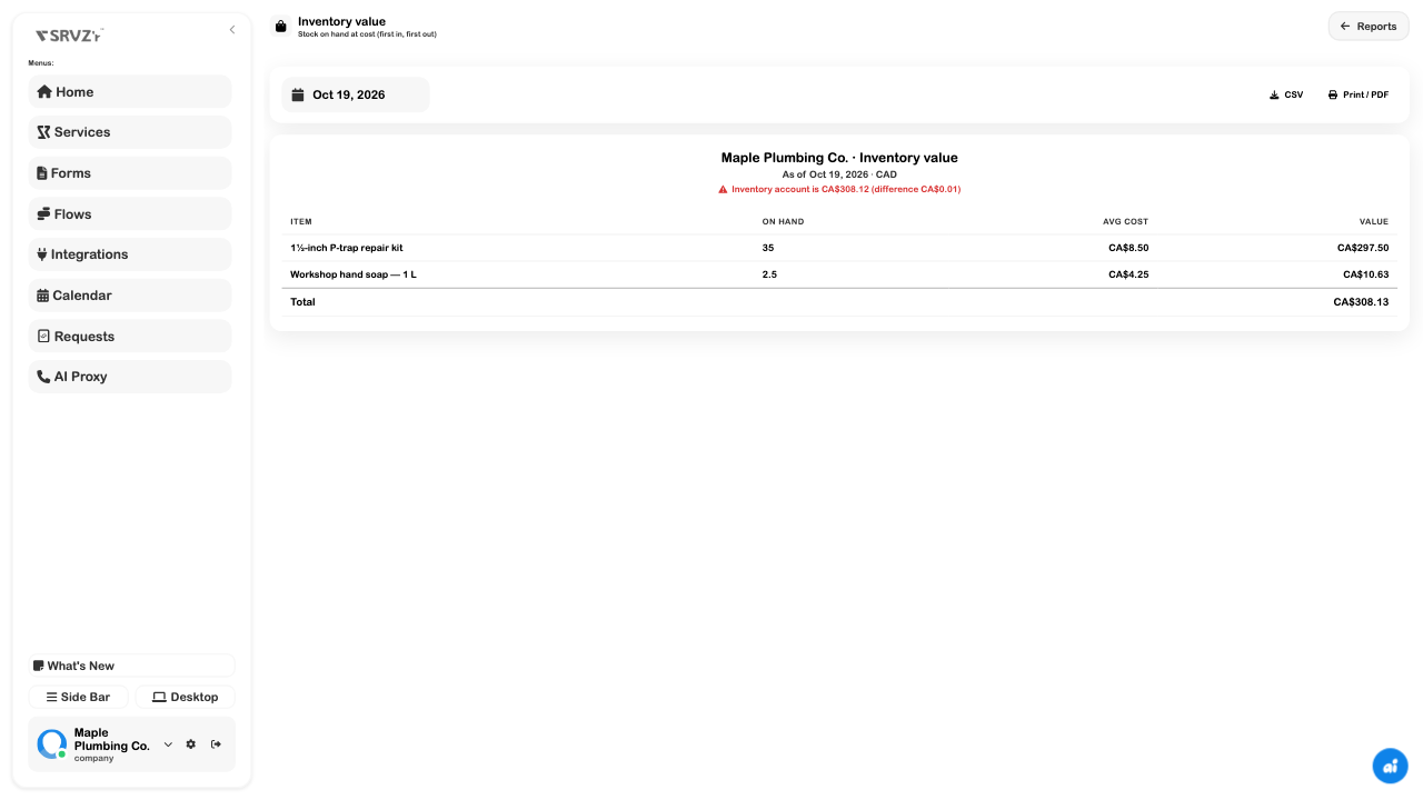 Current inventory valuation with the two demo stock lines and a visible one-cent ledger difference