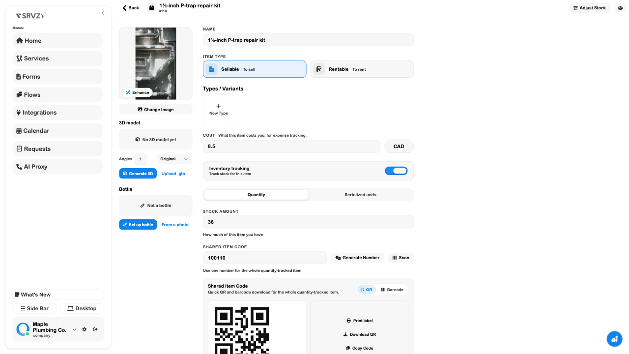 Quantity-tracked repair kit with an 8.50 cost and 36 units after receiving the order