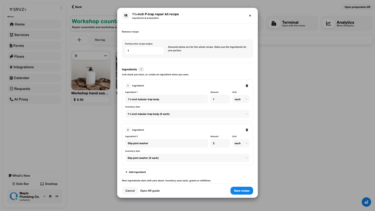 Saved one-portion kit recipe with its component quantities and inventory links
