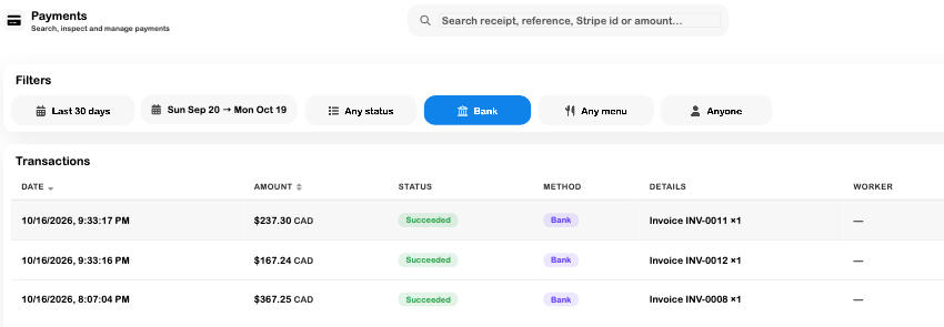 Three invoice-linked bank payment records isolated for review