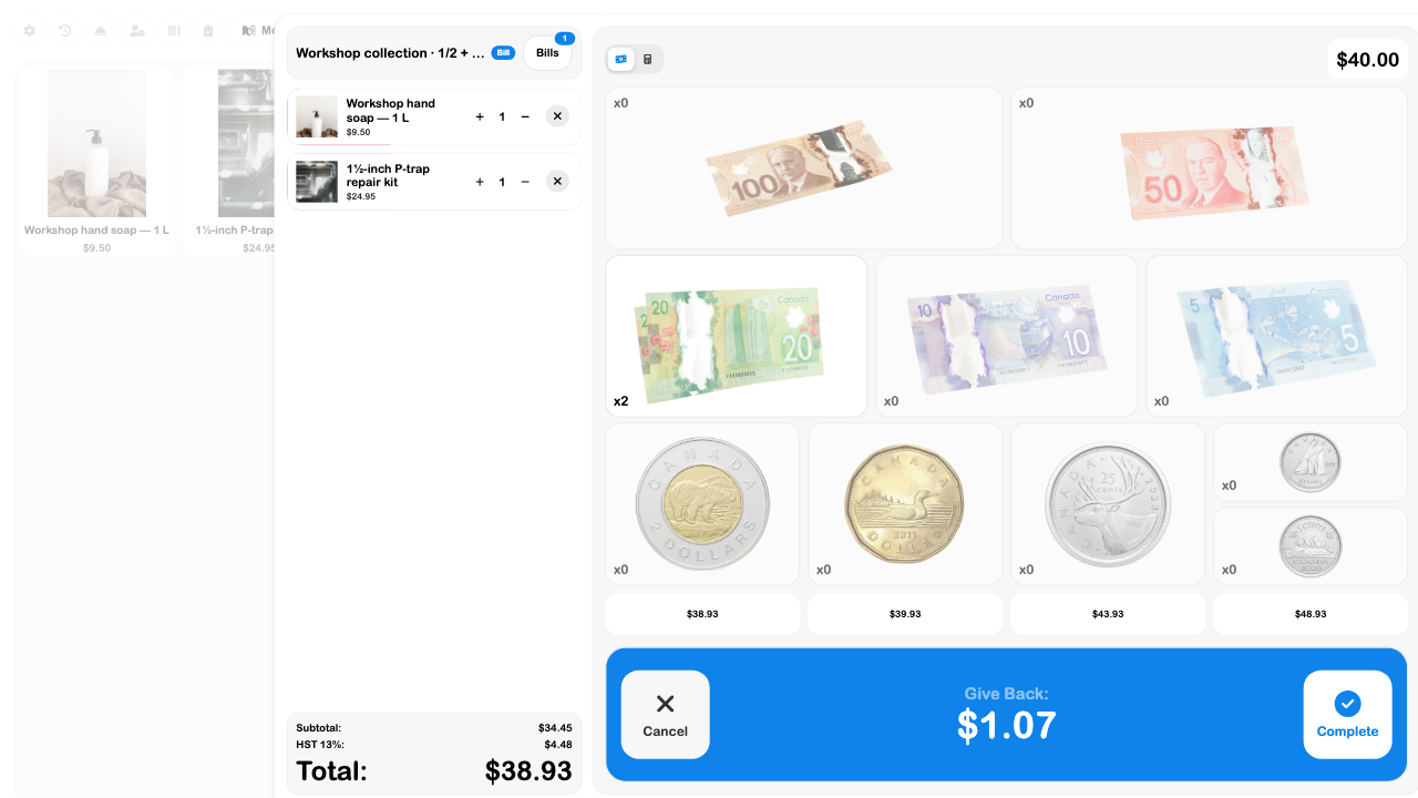 Cash review showing forty dollars collected and one dollar seven cents change