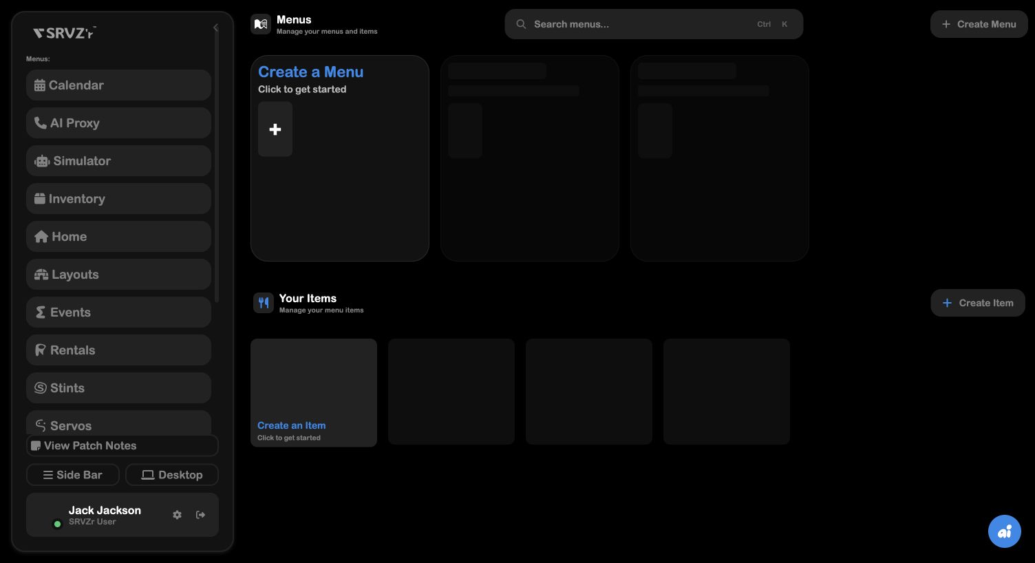 Live SRVZr Menus workspace