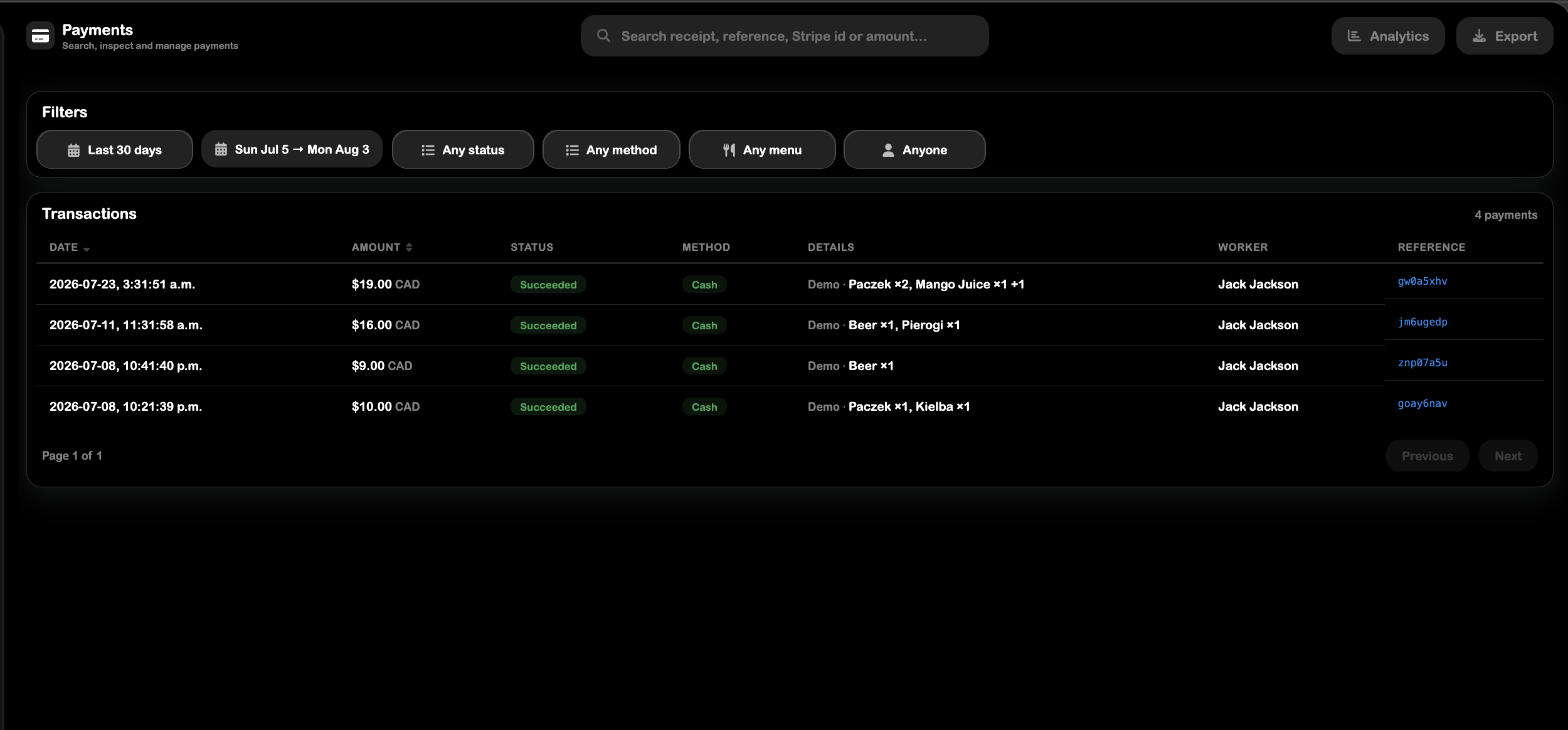SRVZr Payments workspace