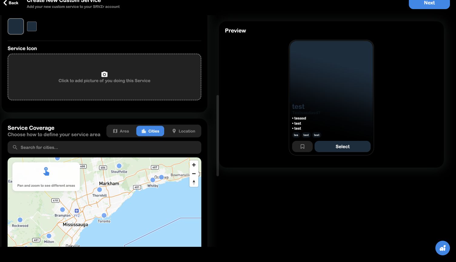 SRVZr Service creator with Cities coverage selected