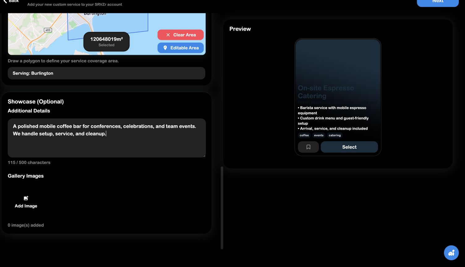 SRVZr Create New Custom Service form with a realistic espresso catering example