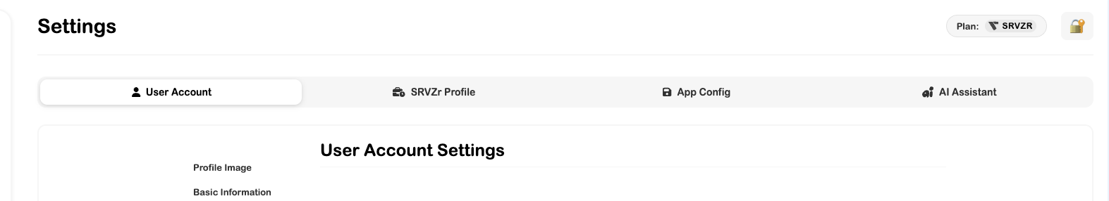 SRVZr Settings page