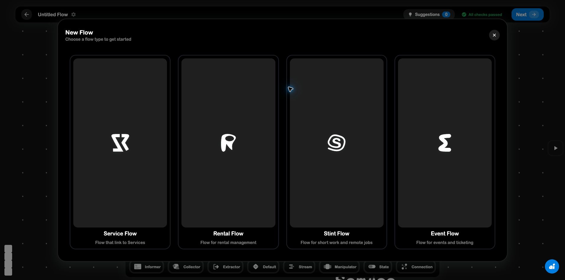 SRVZr New Flow modal with Service Flow, Rental Flow, Stint Flow, and Event Flow choices
