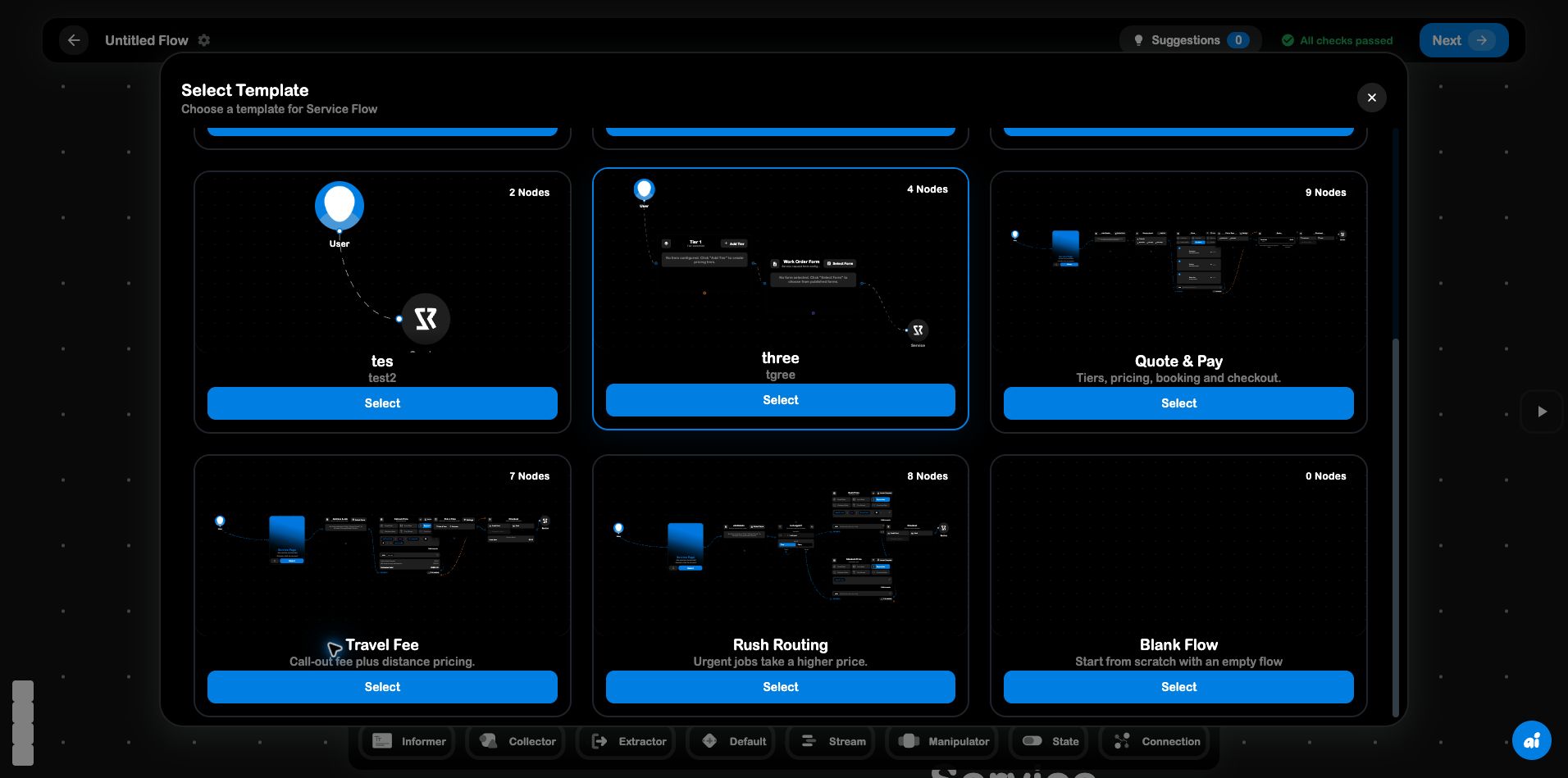 SRVZr Service Flow template picker with template previews and node counts